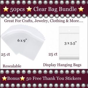 50pcs Bundle 25ct (6x9”) & 25ct (3x5-1/2”)Clear Cello Bags w/50ct Free Stickers